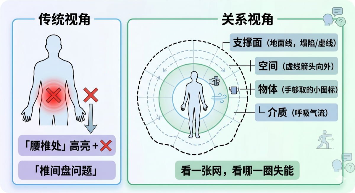 传统视角 vs 关系视角：同一个腰痛，两种诊断